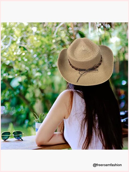 Women\'s Woven Straw Cowboy Hat with Wide Brim, UPF 50 Sun Protection